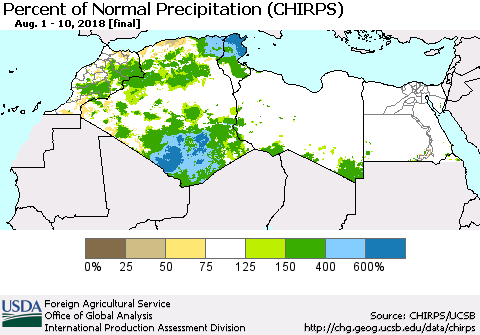 North Africa Percent of Normal Precipitation (CHIRPS) Thematic Map For 8/1/2018 - 8/10/2018