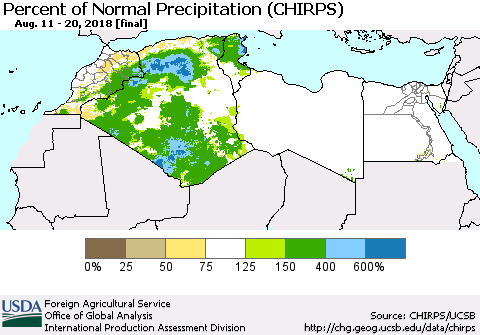 North Africa Percent of Normal Precipitation (CHIRPS) Thematic Map For 8/11/2018 - 8/20/2018