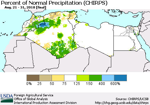 North Africa Percent of Normal Precipitation (CHIRPS) Thematic Map For 8/21/2018 - 8/31/2018
