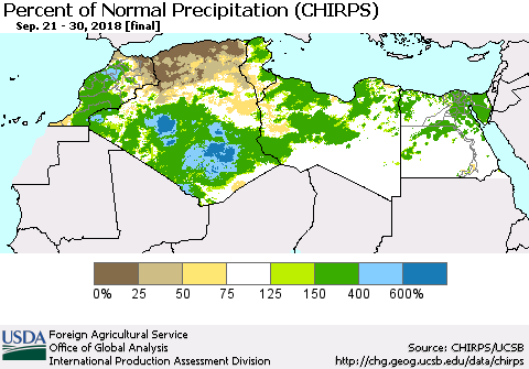 North Africa Percent of Normal Precipitation (CHIRPS) Thematic Map For 9/21/2018 - 9/30/2018