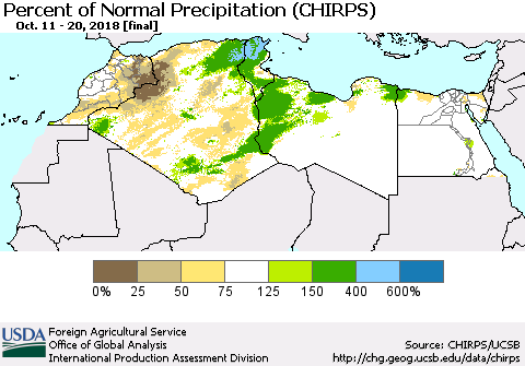 North Africa Percent of Normal Precipitation (CHIRPS) Thematic Map For 10/11/2018 - 10/20/2018