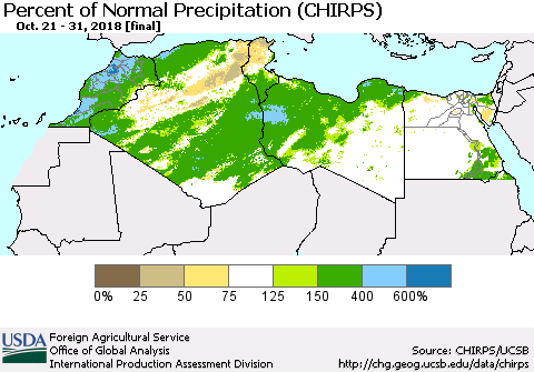 North Africa Percent of Normal Precipitation (CHIRPS) Thematic Map For 10/21/2018 - 10/31/2018