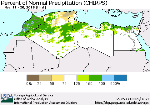 North Africa Percent of Normal Precipitation (CHIRPS) Thematic Map For 11/11/2018 - 11/20/2018
