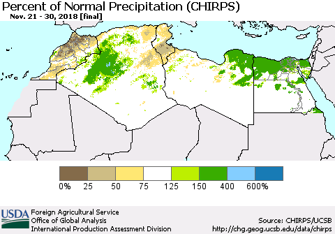 North Africa Percent of Normal Precipitation (CHIRPS) Thematic Map For 11/21/2018 - 11/30/2018