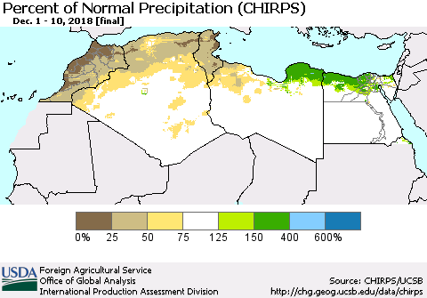 North Africa Percent of Normal Precipitation (CHIRPS) Thematic Map For 12/1/2018 - 12/10/2018