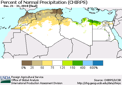 North Africa Percent of Normal Precipitation (CHIRPS) Thematic Map For 12/21/2018 - 12/31/2018