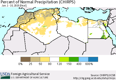 North Africa Percent of Normal Precipitation (CHIRPS) Thematic Map For 1/1/2019 - 1/10/2019