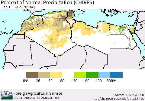 North Africa Percent of Normal Precipitation (CHIRPS) Thematic Map For 1/11/2019 - 1/20/2019