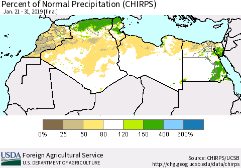 North Africa Percent of Normal Precipitation (CHIRPS) Thematic Map For 1/21/2019 - 1/31/2019