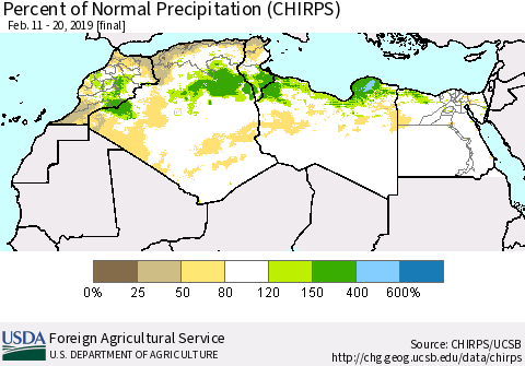 North Africa Percent of Normal Precipitation (CHIRPS) Thematic Map For 2/11/2019 - 2/20/2019