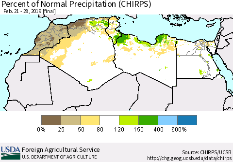 North Africa Percent of Normal Precipitation (CHIRPS) Thematic Map For 2/21/2019 - 2/28/2019