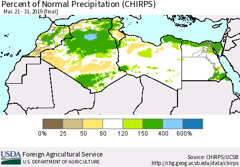 North Africa Percent of Normal Precipitation (CHIRPS) Thematic Map For 3/21/2019 - 3/31/2019