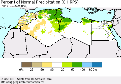 North Africa Percent of Normal Precipitation (CHIRPS) Thematic Map For 4/1/2019 - 4/10/2019