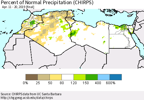 North Africa Percent of Normal Precipitation (CHIRPS) Thematic Map For 4/11/2019 - 4/20/2019