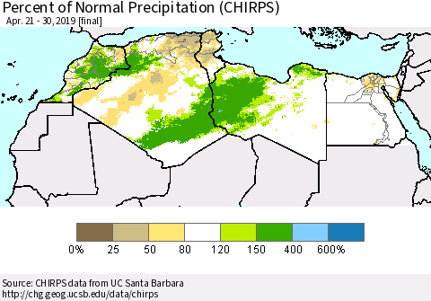 North Africa Percent of Normal Precipitation (CHIRPS) Thematic Map For 4/21/2019 - 4/30/2019