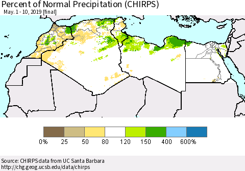 North Africa Percent of Normal Precipitation (CHIRPS) Thematic Map For 5/1/2019 - 5/10/2019