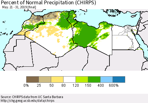 North Africa Percent of Normal Precipitation (CHIRPS) Thematic Map For 5/21/2019 - 5/31/2019