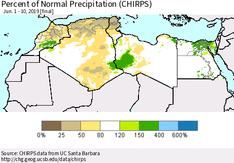 North Africa Percent of Normal Precipitation (CHIRPS) Thematic Map For 6/1/2019 - 6/10/2019