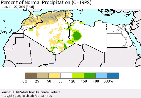 North Africa Percent of Normal Precipitation (CHIRPS) Thematic Map For 6/11/2019 - 6/20/2019