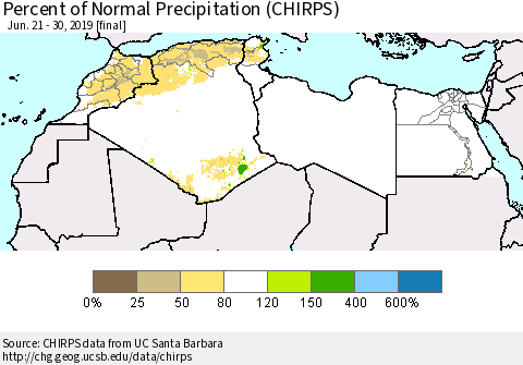 North Africa Percent of Normal Precipitation (CHIRPS) Thematic Map For 6/21/2019 - 6/30/2019
