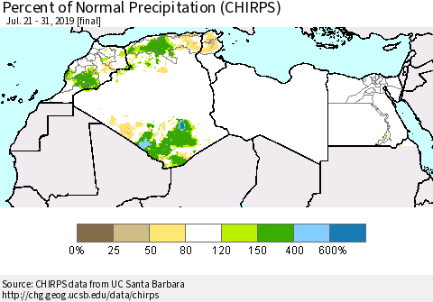 North Africa Percent of Normal Precipitation (CHIRPS) Thematic Map For 7/21/2019 - 7/31/2019