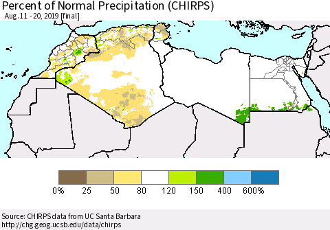 North Africa Percent of Normal Precipitation (CHIRPS) Thematic Map For 8/11/2019 - 8/20/2019