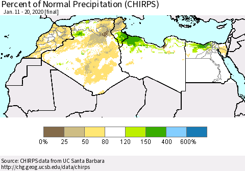 North Africa Percent of Normal Precipitation (CHIRPS) Thematic Map For 1/11/2020 - 1/20/2020