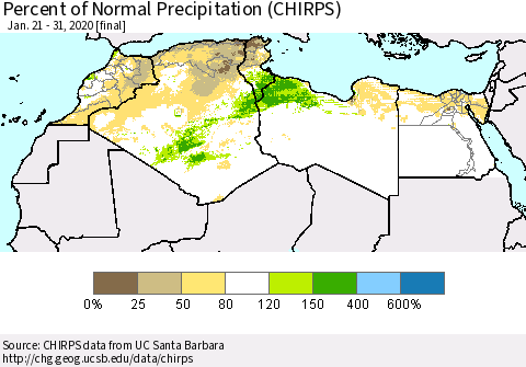 North Africa Percent of Normal Precipitation (CHIRPS) Thematic Map For 1/21/2020 - 1/31/2020