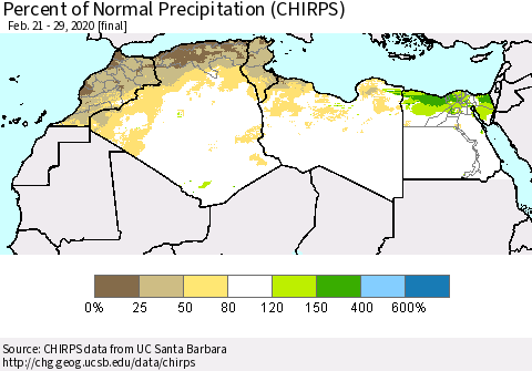 North Africa Percent of Normal Precipitation (CHIRPS) Thematic Map For 2/21/2020 - 2/29/2020