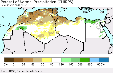 North Africa Percent of Normal Precipitation (CHIRPS) Thematic Map For 3/11/2024 - 3/20/2024