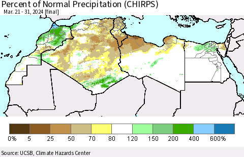 North Africa Percent of Normal Precipitation (CHIRPS) Thematic Map For 3/21/2024 - 3/31/2024