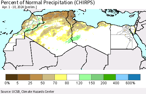 North Africa Percent of Normal Precipitation (CHIRPS) Thematic Map For 4/1/2024 - 4/10/2024
