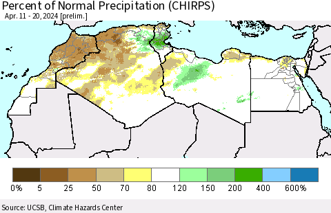 North Africa Percent of Normal Precipitation (CHIRPS) Thematic Map For 4/11/2024 - 4/20/2024