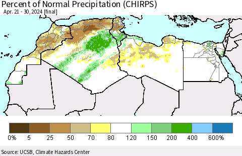 North Africa Percent of Normal Precipitation (CHIRPS) Thematic Map For 4/21/2024 - 4/30/2024