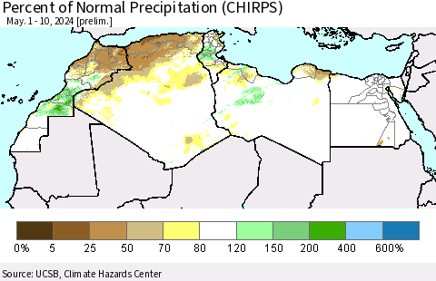 North Africa Percent of Normal Precipitation (CHIRPS) Thematic Map For 5/1/2024 - 5/10/2024