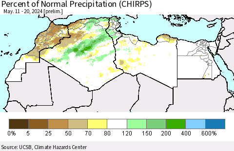 North Africa Percent of Normal Precipitation (CHIRPS) Thematic Map For 5/11/2024 - 5/20/2024