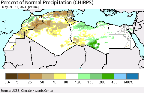 North Africa Percent of Normal Precipitation (CHIRPS) Thematic Map For 5/21/2024 - 5/31/2024