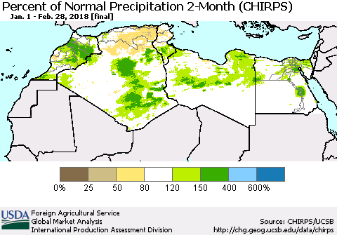 North Africa Percent of Normal Precipitation 2-Month (CHIRPS) Thematic Map For 1/1/2018 - 2/28/2018