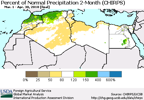 North Africa Percent of Normal Precipitation 2-Month (CHIRPS) Thematic Map For 3/1/2018 - 4/30/2018