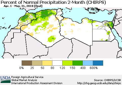 North Africa Percent of Normal Precipitation 2-Month (CHIRPS) Thematic Map For 4/1/2018 - 5/31/2018