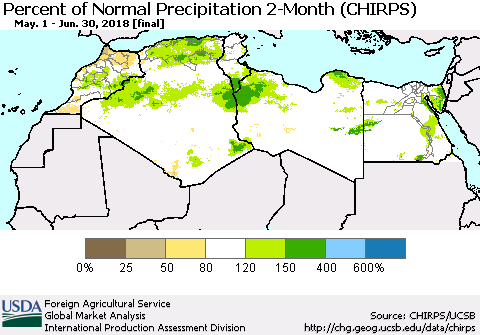 North Africa Percent of Normal Precipitation 2-Month (CHIRPS) Thematic Map For 5/1/2018 - 6/30/2018