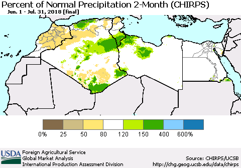 North Africa Percent of Normal Precipitation 2-Month (CHIRPS) Thematic Map For 6/1/2018 - 7/31/2018