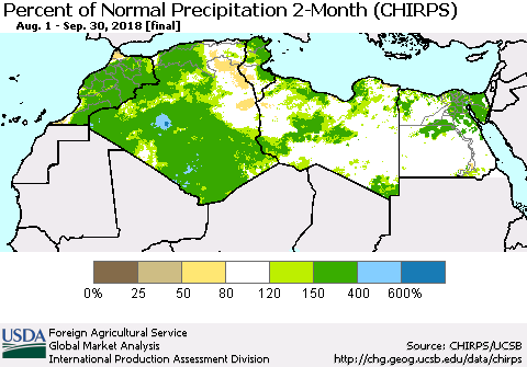 North Africa Percent of Normal Precipitation 2-Month (CHIRPS) Thematic Map For 8/1/2018 - 9/30/2018