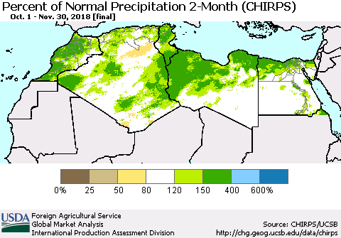 North Africa Percent of Normal Precipitation 2-Month (CHIRPS) Thematic Map For 10/1/2018 - 11/30/2018