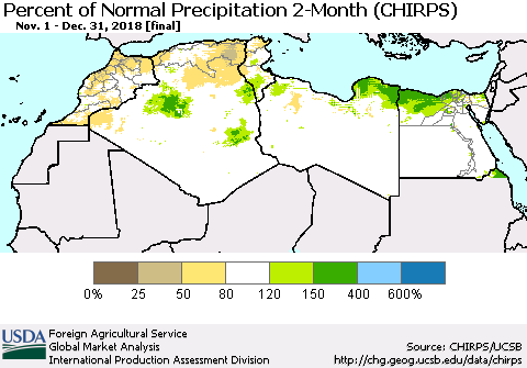 North Africa Percent of Normal Precipitation 2-Month (CHIRPS) Thematic Map For 11/1/2018 - 12/31/2018