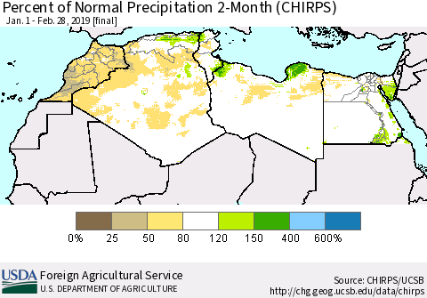 North Africa Percent of Normal Precipitation 2-Month (CHIRPS) Thematic Map For 1/1/2019 - 2/28/2019