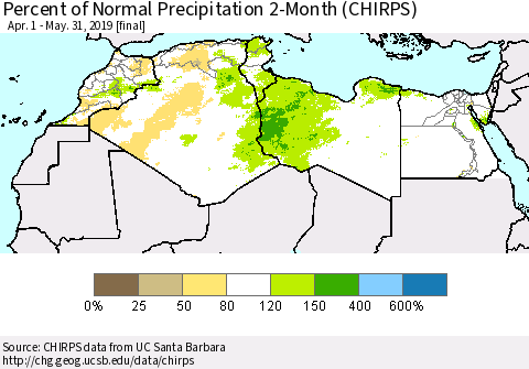 North Africa Percent of Normal Precipitation 2-Month (CHIRPS) Thematic Map For 4/1/2019 - 5/31/2019