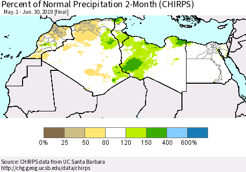 North Africa Percent of Normal Precipitation 2-Month (CHIRPS) Thematic Map For 5/1/2019 - 6/30/2019