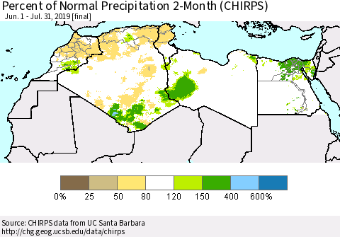 North Africa Percent of Normal Precipitation 2-Month (CHIRPS) Thematic Map For 6/1/2019 - 7/31/2019
