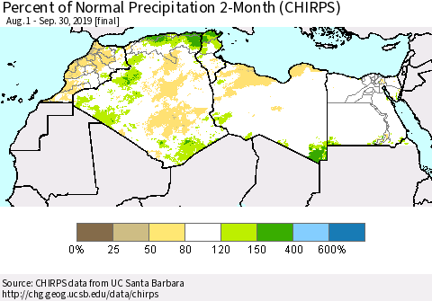 North Africa Percent of Normal Precipitation 2-Month (CHIRPS) Thematic Map For 8/1/2019 - 9/30/2019